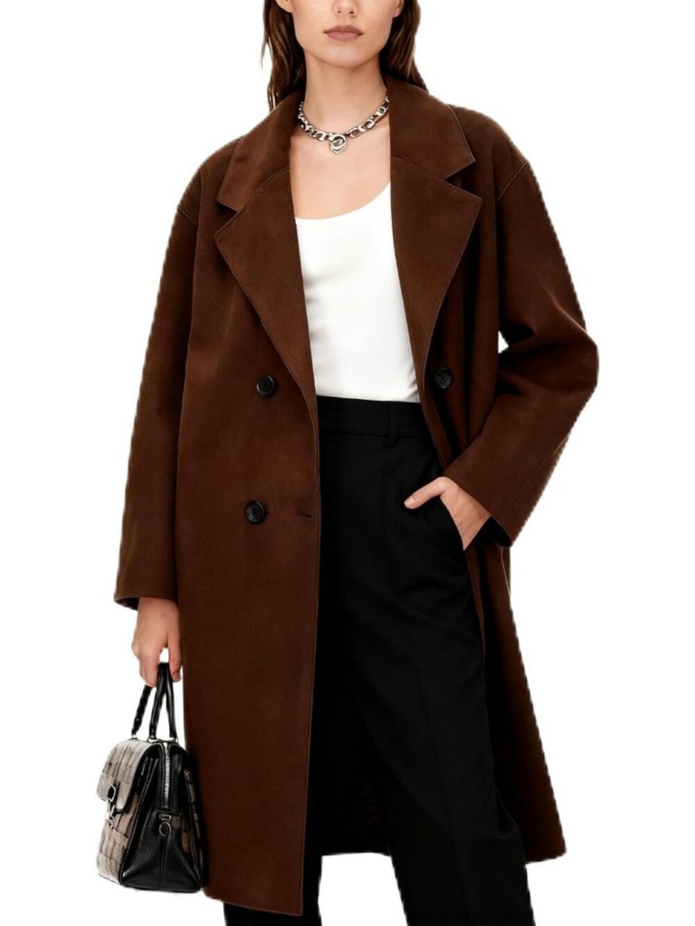 Chic Women's Long Wool Pea Coat - Double Breasted, Classic Notched Lapel Trench